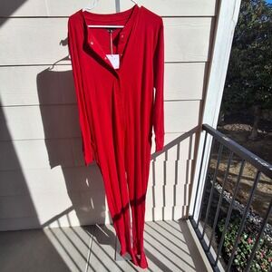 PajamaGram Womens Red Footed Footie Pajamas Union Suit Snap Front Drop Seat